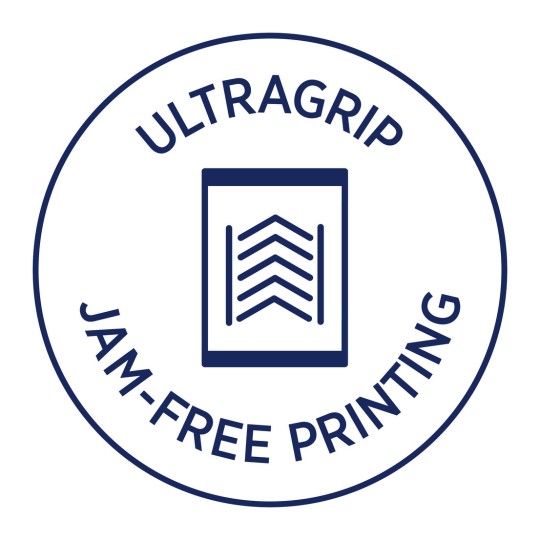 Slika prikazuje okrugli logo koji promovira 'UltraGrip ispis bez zaglavljivanja', s grafičkim prikazom dokumenta koji prikazuje linije koje impliciraju glatko funkcioniranje.