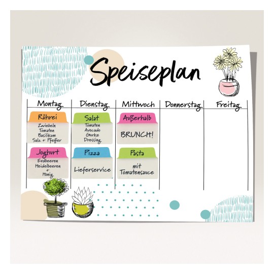 Slika prikazuje tjedni plan obroka pod nazivom 'Speiseplan' s danima u tjednu. Navodi obroke za svaki dan, uključujući kajganu, salatu, marendu, jogurt, pizzu i tjesteninu. Izgled sadrži šarene ljepljive bilješke i ukrasne ilustracije biljaka.
