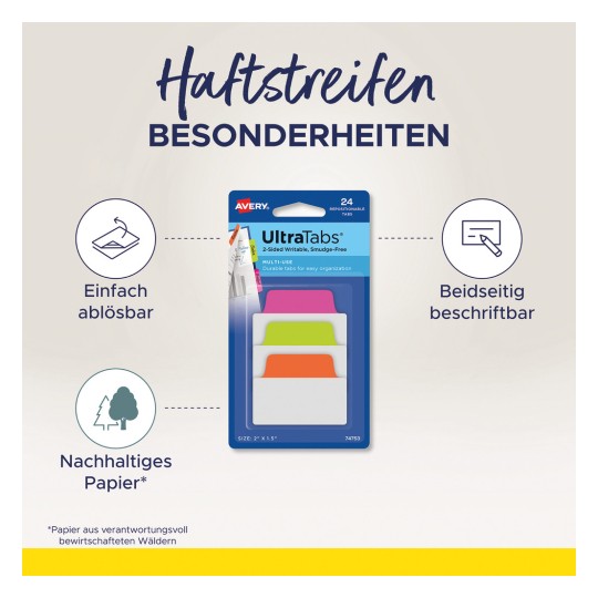 Slika prikazuje paket Avery UltraTabs, s 24 pomične kartice koje imaju karakteristike poput mogućnosti pisanja, otporne na razmazivanje, višekratne uporabe i izrađene od održivog papira. Uključuje ikone koje predstavljaju ove značajke.