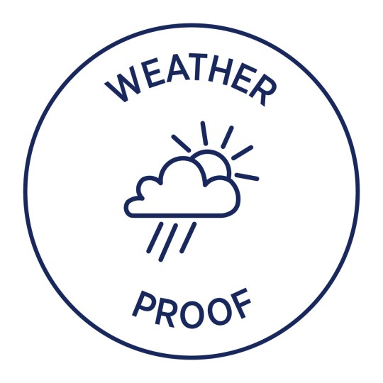 Slika prikazuje kružni bedž s riječima 'WEATHER PROOF' iznad i ispod oblaka s motivima kiše i sunca. Prenosi ideju zaštite od različitih vremenskih uvjeta.