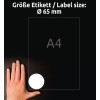 Veličina u usporedbi s rukom, artikal: 6227-10, jedan list okruglih naljepnica, format: ⌀ 65 mm, boja: bijela.