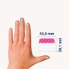 Usporedba veličine s rukom, Artikl: 74773, jedan list ljepljivih traka, Format: 50,8 x 38,1 mm, Boja: svijetloplava, ružičasta, ljubičasta.