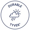 Slika prikazuje logotip koji uključuje riječ 'DURABLE' na vrhu, ilustraciju oblaka s sunčevim zrakama i kišom ispod, te riječ 'TYVEK®' na dnu. Dizajn sugerira otpornost na vremenske uvjete i trajnost.