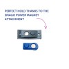 Slika prikazuje dvije plastične komponente: veći crni nastavak i manji plavi, označen kao SMAG® Power Magnet Attachment. U tekstu se ističe da pruža savršeno držanje.