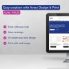 Slika promiče Avery Design & Print softver, prikazujući korake za kreiranje prilagođenih dizajna, uključujući unos softverskog koda, odabir ili kreiranje dizajna i ispis s grupnim slanjem pošte.