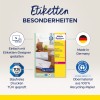 Slika prikazuje oglas za proizvod Avery recikliranih adresnih naljepnica, ističući značajke poput izrađenosti od 100% recikliranog papira i TÜV certifikata za laserske pisače. Uključuje alat za dizajn za jednostavnu prilagodbu.