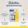 Slika prikazuje pakiranje za Avery Zweckform 'ultragrip' etikete za arhiviranje. Ističe značajke kao što su jednostavno dizajniranje s pomoću kreatora etiketa, 100% neprozirnost i održiv papir. Dizajn uključuje ikone koje označavaju tehnologiju ispisa i ekološku odgovornost.