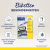 Slika prikazuje pakiranje proizvoda za Avery Zweckform etikete, ističući značajke poput jednostavnog dizajna s dizajnerom etiketa, ultra grip tehnologiju za besprijekorno printanje i održivi papir dobiven iz odgovorno upravljanih šuma.