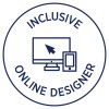 Slika prikazuje kružni dizajn s riječima 'Inclusive Online Designer' oko grafike monitora računala i pametnog telefona, s pokazivačem strelice na monitoru.