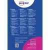 Slika sadrži promotivne informacije o Avery samoljepljivim bedževima s imenima, detaljno opisujući njihove značajke, savjete za upotrebu i kontakt informacije na raznim jezicima.