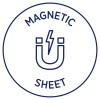 Slika prikazuje kružni dizajn s tekstom 'MAGNETIC SHEET' i ilustracijom U-oblikovanog magneta s munjom u sredini.