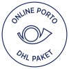 Slika prikazuje kružni logo ili štambilj na kojemu piše 'ONLINE PORTO' na vrhu i 'DHL PAKET' na dnu, s grafikom nalik oku u sredini.