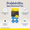 Slika prikazuje oglas za inspekcijske naljepnice tvrtke Avery Zweckform. Ističe značajke kao što su otpornost na vremenske uvjete, mogućnost ručnog unosa godine te da je proizvod izrađen u Njemačkoj i klimatski neutralan.