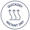 Slika sadrži kružnu grafiku s tekstom 'QUICKDRY' i 'INSTANT DRY', uz tri strelice prema gore i valovite linije koje simboliziraju brzo sušenje.