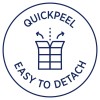 Slika prikazuje kružni logo s tekstom 'QUICKPEEL' na vrhu i 'EASY TO DETACH' na dnu, s ilustracijom dijela koji se može odvojiti.