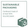 Slika prikazuje znak za održivu ambalažu. Navodi da je karton izrađen od najmanje 90% recikliranog papira. Prikazana je grafika kartonske kutije s reciklažnim simbolom.