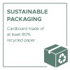 Slika promovira održivo pakiranje, ističući da se sastoji od kartona napravljenog od najmanje 80% recikliranog papira. Prikazuje grafiku kutije i naglašava ekološku prihvatljivost.