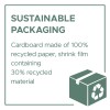 Slika promovira održivu ambalažu, ističući da je karton napravljen od 100% recikliranog papira, a folija sadrži 30% recikliranog materijala.