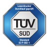 Slika prikazuje certifikacijski logo TÜV Süd za laserske pisače, navodeći da su testirani prema standardu IS-P-002-1.
