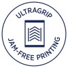 Slika prikazuje okrugli logo koji promovira 'UltraGrip ispis bez zaglavljivanja', s grafičkim prikazom dokumenta koji prikazuje linije koje impliciraju glatko funkcioniranje.