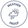 Slika prikazuje kružni bedž s riječima 'WEATHER PROOF' iznad i ispod oblaka s motivima kiše i sunca. Prenosi ideju zaštite od različitih vremenskih uvjeta.